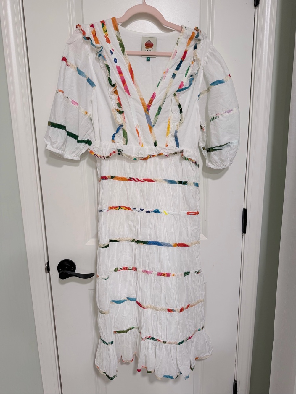 FARM Rio White Midi Dress with Multicolor Trim